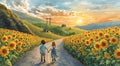 A picturesque rural scene depicts two children holding hands, walking down a winding road Royalty Free Stock Photo